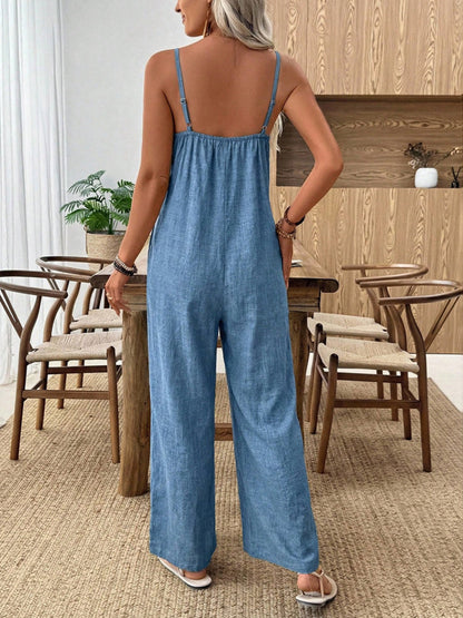 Combinaison à jambe large à bretelles spaghetti de couleur unie pour femmes