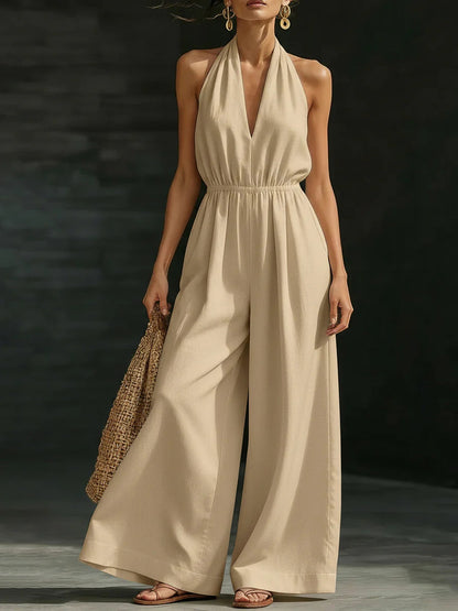 Casual Solid Color V-Neck Halter Backless Jumpsuit des femmes