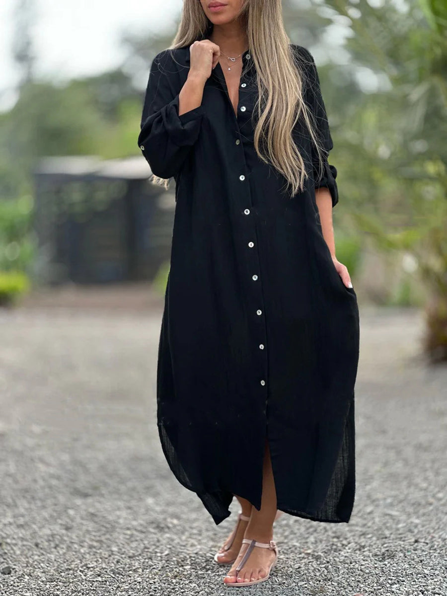 Robe longue de chemise de couleur unie décontractée pour femmes