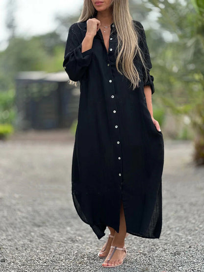 Robe longue de chemise de couleur unie décontractée pour femmes