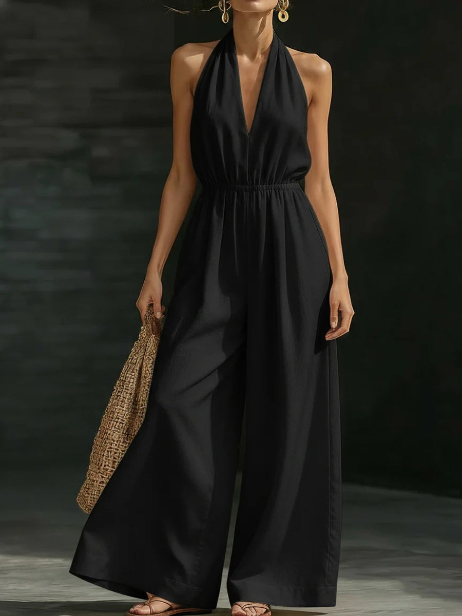 Casual Solid Color V-Neck Halter Backless Jumpsuit des femmes