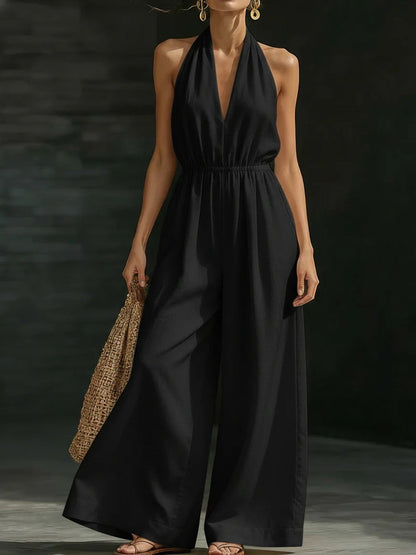 Casual Solid Color V-Neck Halter Backless Jumpsuit des femmes