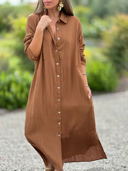 Robe longue de chemise de couleur unie décontractée pour femmes