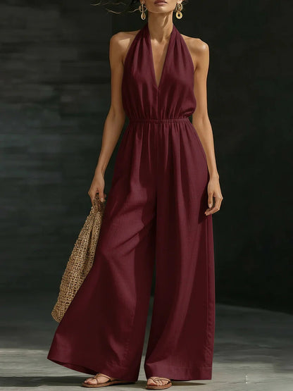 Casual Solid Color V-Neck Halter Backless Jumpsuit des femmes