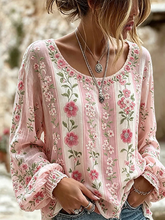 Haut décontracté en coton-lin pour femme, imprimé floral vintage