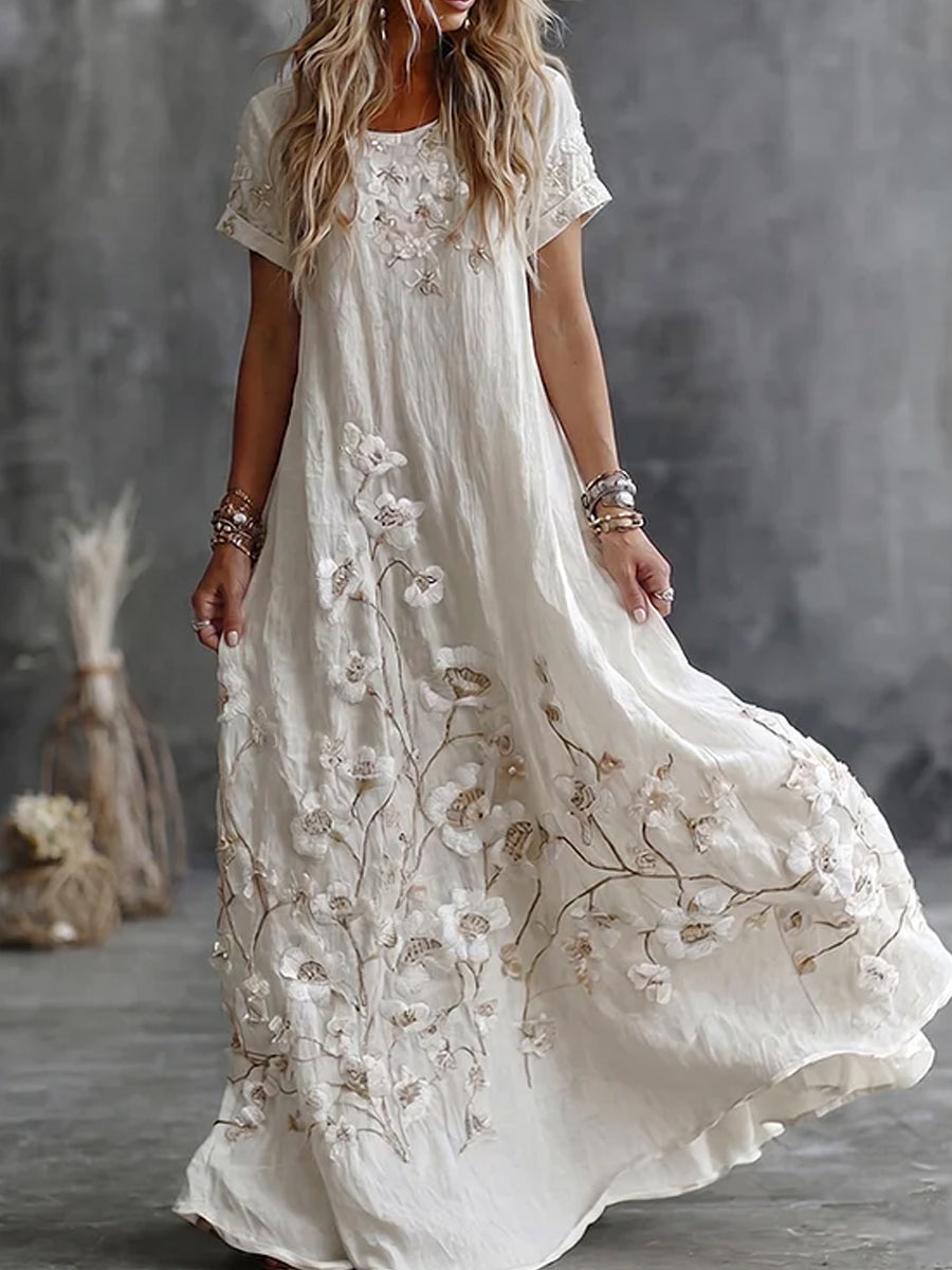 Robe mi-longue bohème pour femme, à col rond, manches courtes, avec broderie florale artistique