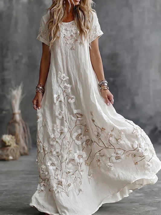 Robe mi-longue bohème pour femme, à col rond, manches courtes, avec broderie florale artistique