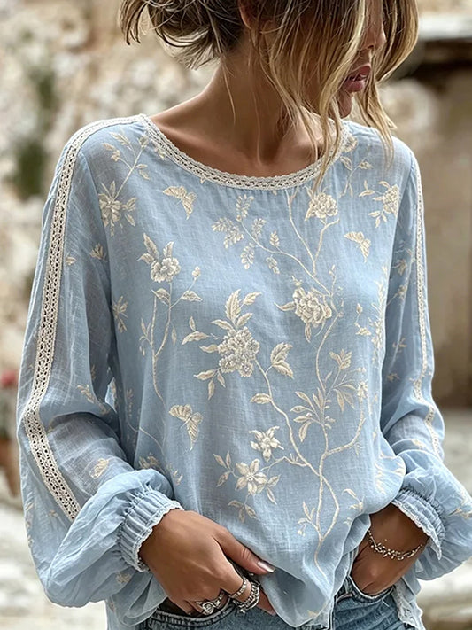 Haut décontracté en coton-lin pour femme, imprimé floral vintage