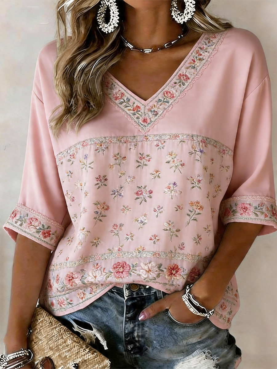 T-shirt rose à manches mi-longues à imprimé floral pour femmes