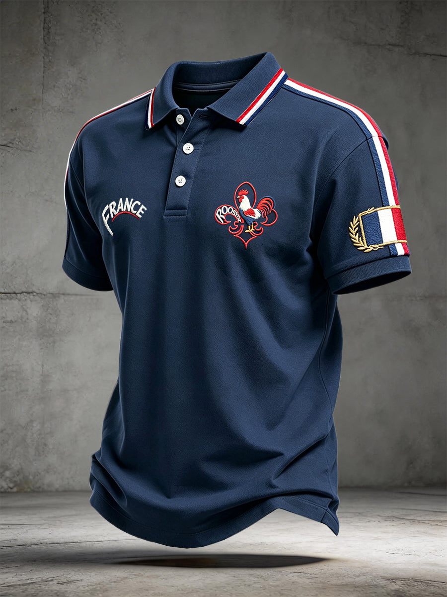 Polo à manches courtes bleu décontracté à imprimé coq français pour hommes