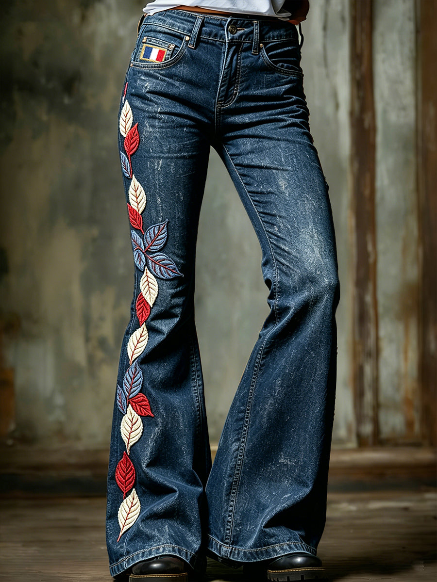 Pantalon évasé à la mode décontractée à imprimé français bleu vintage pour femme