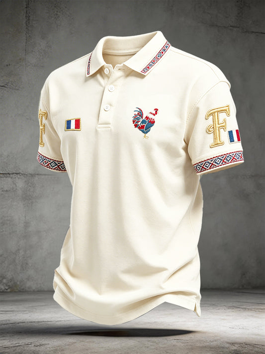 Polo Homme Décontracté Blanc Cassé Imprimé Coq Français À Manches Courtes