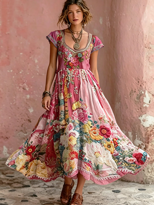 Robe maxi bohème pour femmes, à broderie florale, col rond, manches courtes