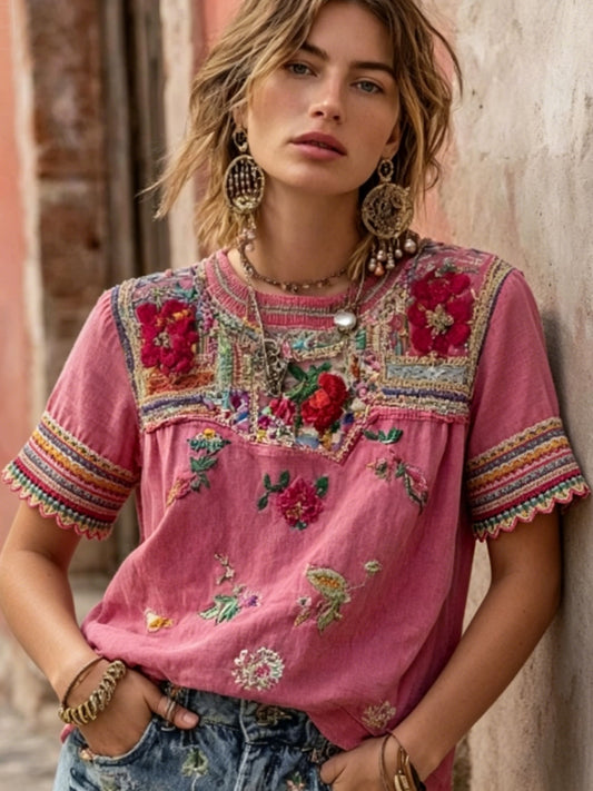 T-shirt pour femme, style bohème vintage, broderie florale, patchwork, col rond, manches courtes, en mélange de lin