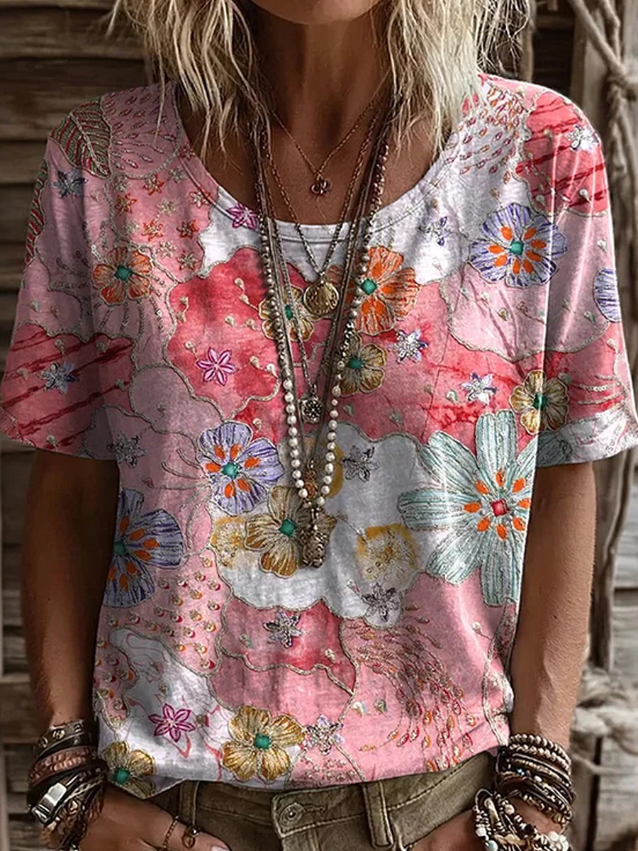 T-shirt confortable pour femmes, style vintage, imprimé floral artistique