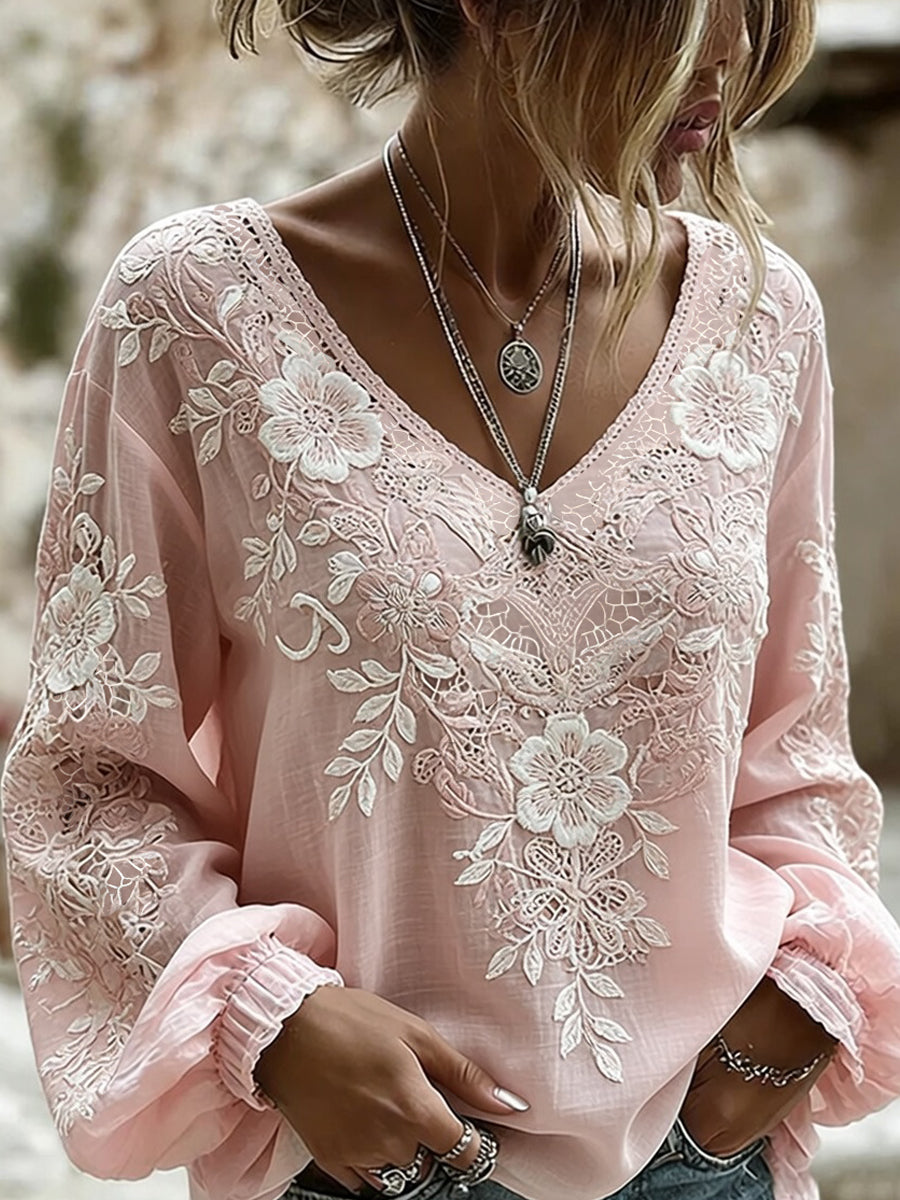 Haut décontracté en coton-lin pour femme, imprimé floral vintage