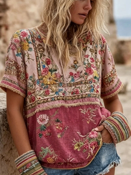T-shirt pour femme, style bohème vintage, broderie florale, patchwork, col rond, manches courtes, en mélange de lin