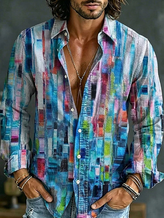Chemise décontractée en coton-lin avec impression d'art abstrait rétro