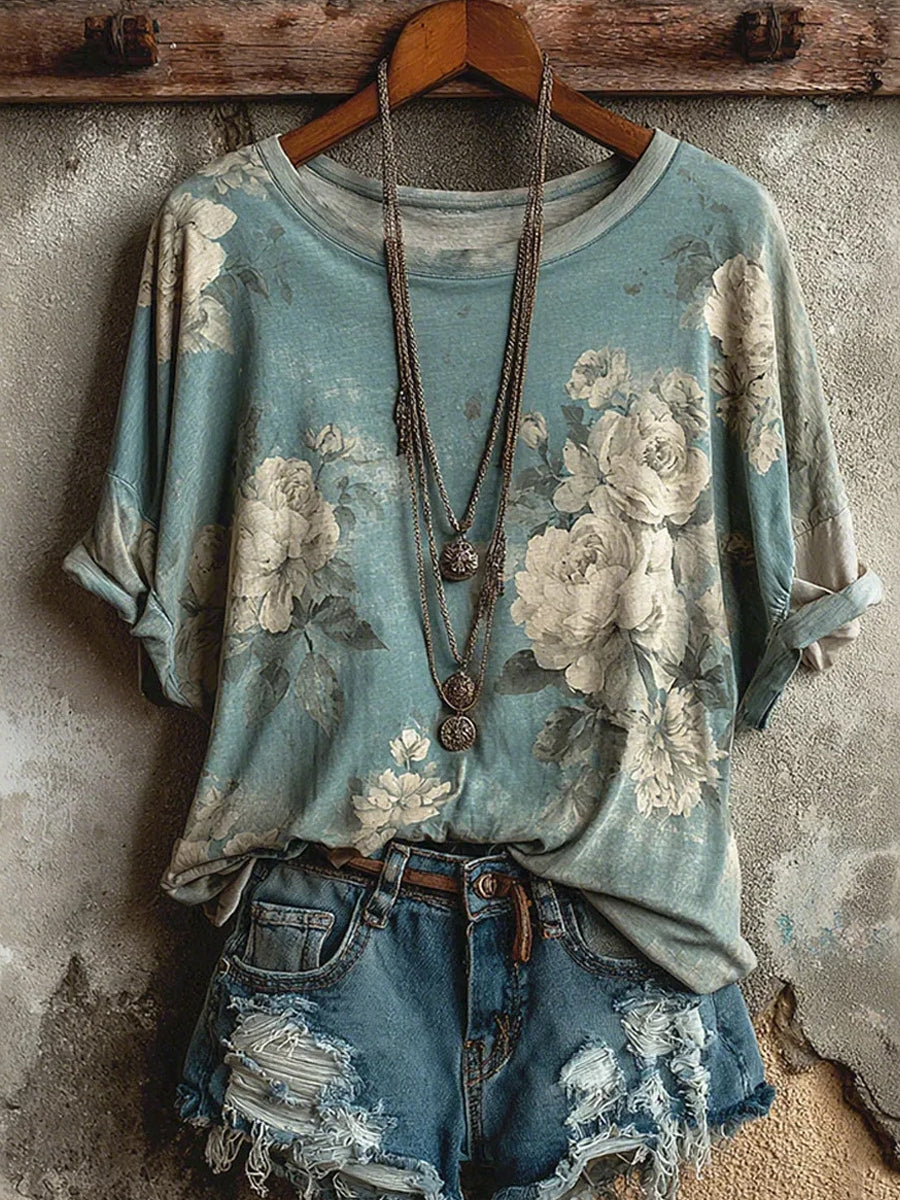 T-shirt confortable pour femmes, style vintage, imprimé floral artistique
