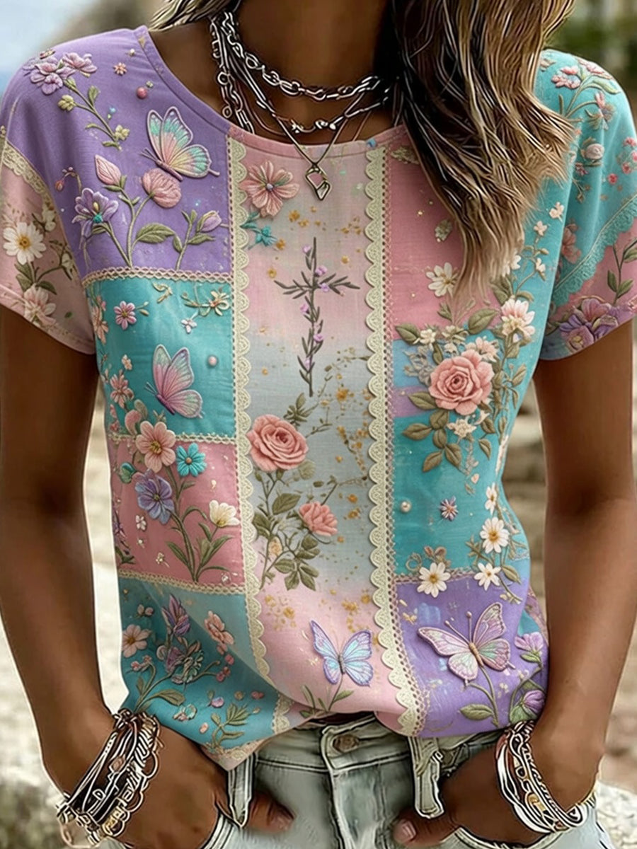 Vintage Floral brodé Art Print Comfort T-Shirt des femmes