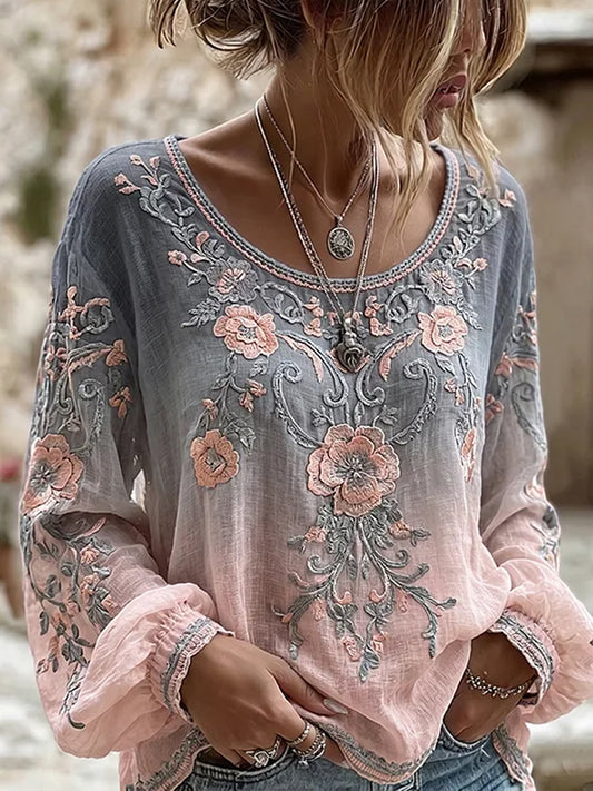Haut décontracté en coton-lin pour femme, imprimé floral vintage