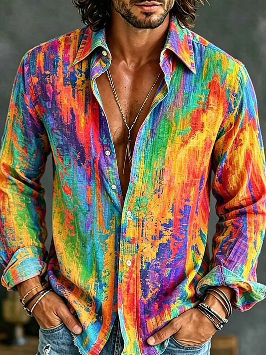 Chemise décontractée en coton-lin avec impression d'art abstrait rétro