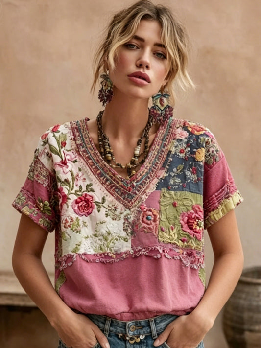 T-shirt bohème pour femmes, en mélange de lin, à manches courtes, col en V, avec broderie florale et patchwork artistique