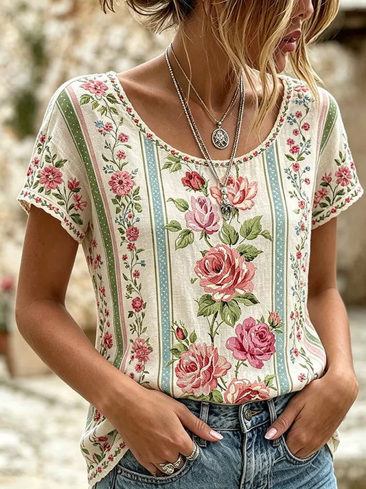 T-shirt confortable à imprimé floral vintage pour femme