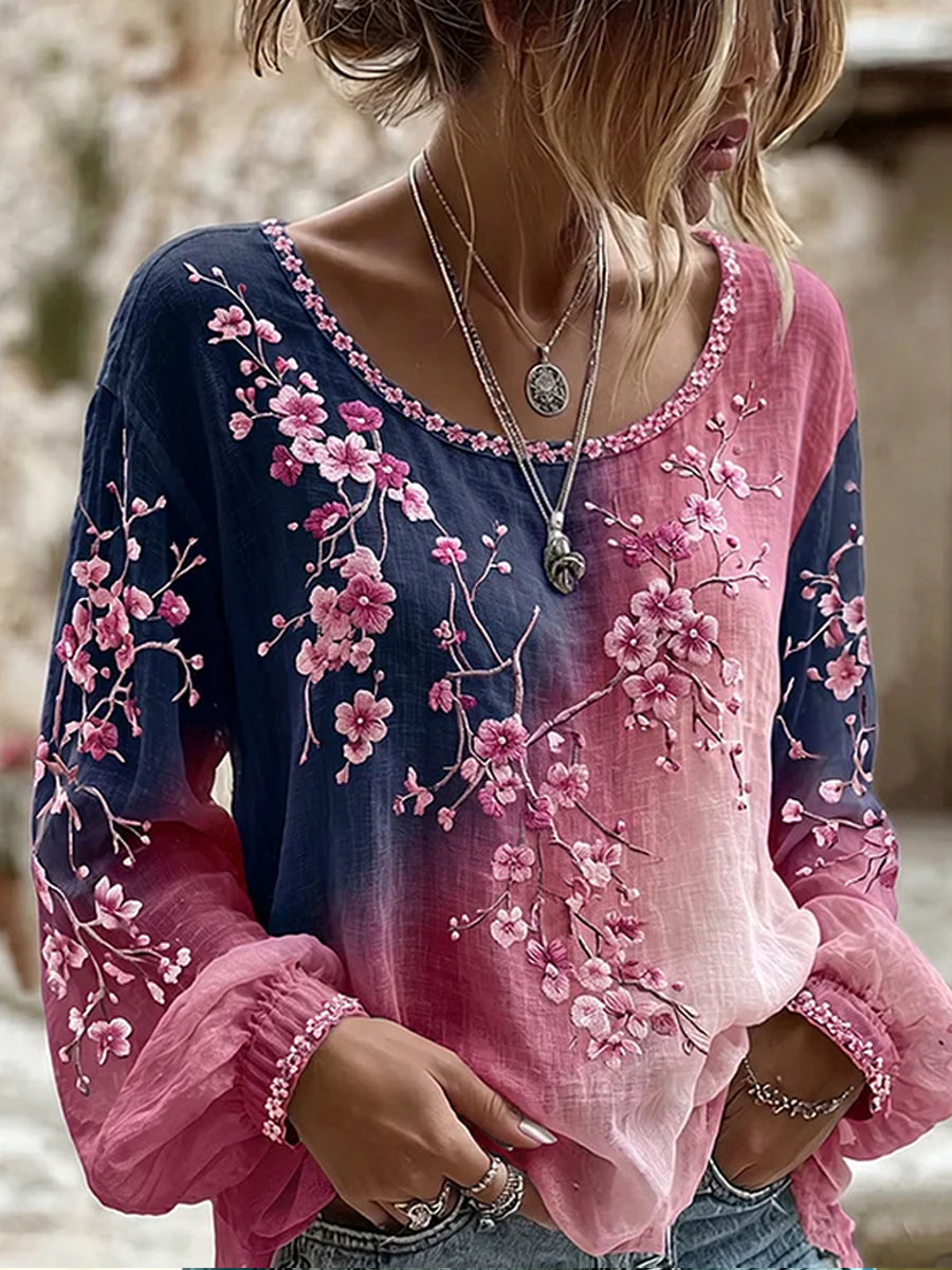 Haut décontracté en coton-lin pour femme, imprimé floral vintage