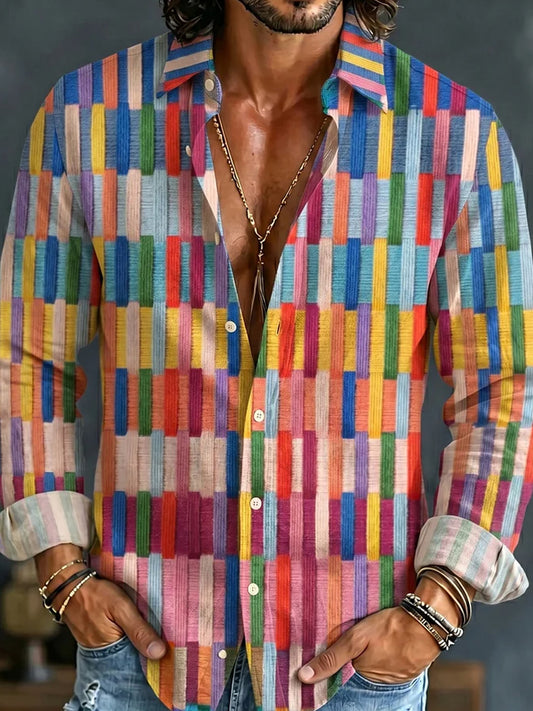 Chemise décontractée en coton-lin avec impression d'art abstrait rétro