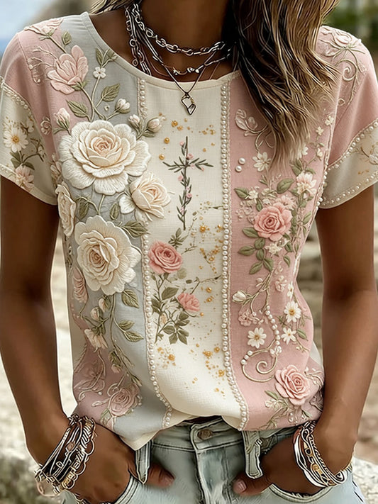 T-shirt confortable pour femmes, style vintage, imprimé floral artistique