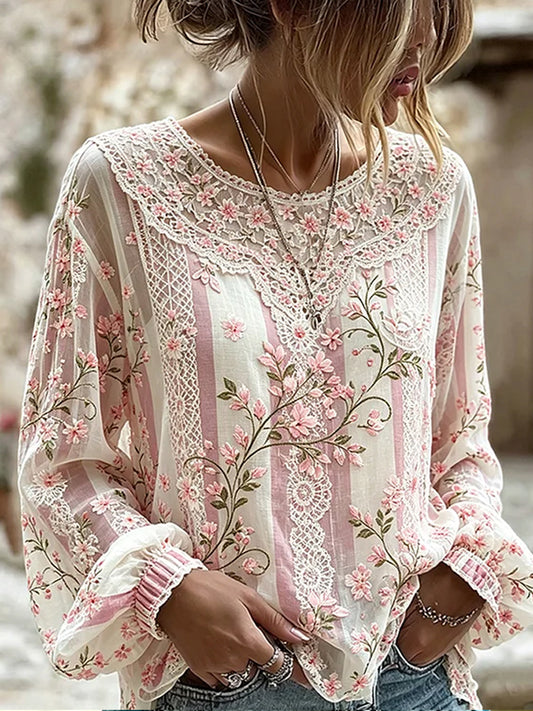 Haut décontracté en coton-lin pour femme, imprimé floral vintage