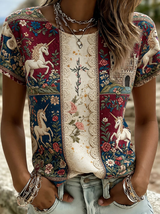 T-shirt confortable pour femmes, style vintage, imprimé floral artistique