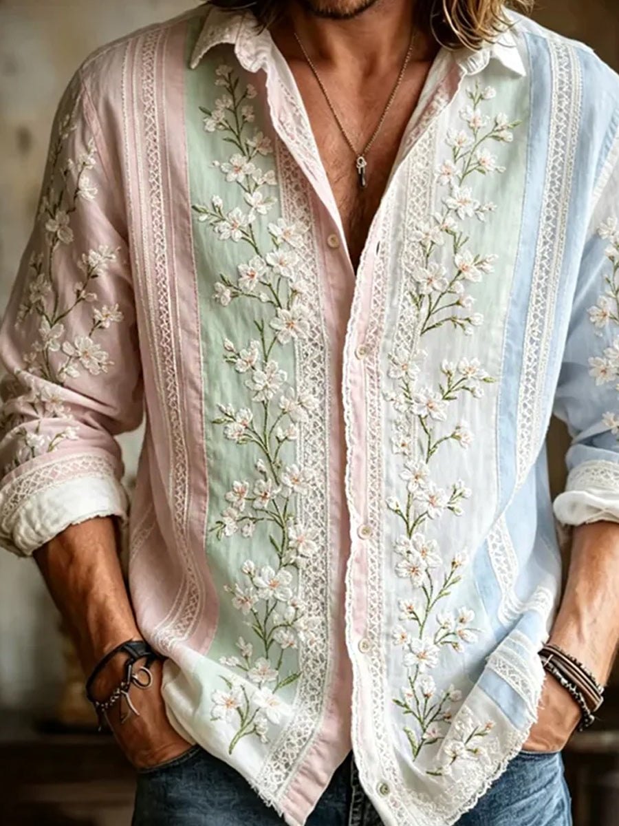 Chemise décontractée en coton-lin avec impression d'art abstrait rétro