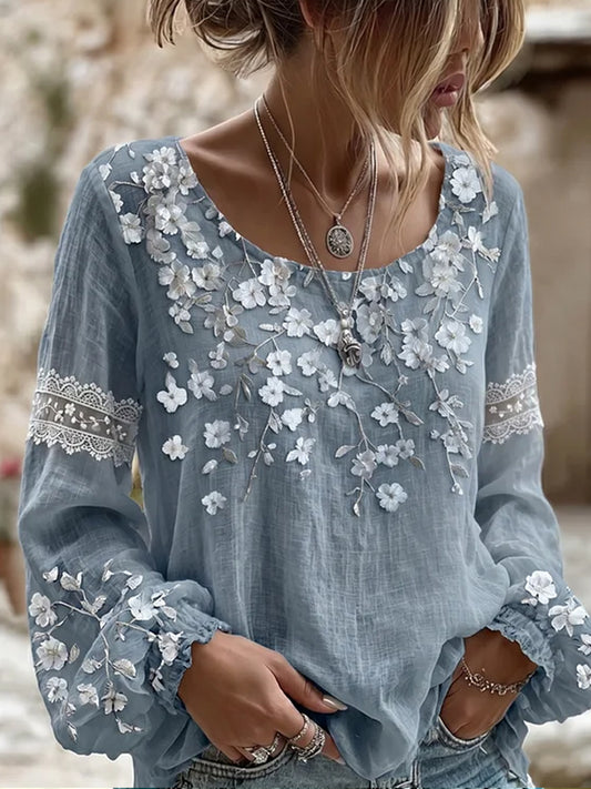 Haut décontracté en coton-lin pour femme, imprimé floral vintage