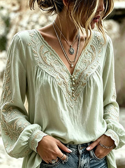Haut décontracté en coton-lin pour femme, imprimé floral vintage