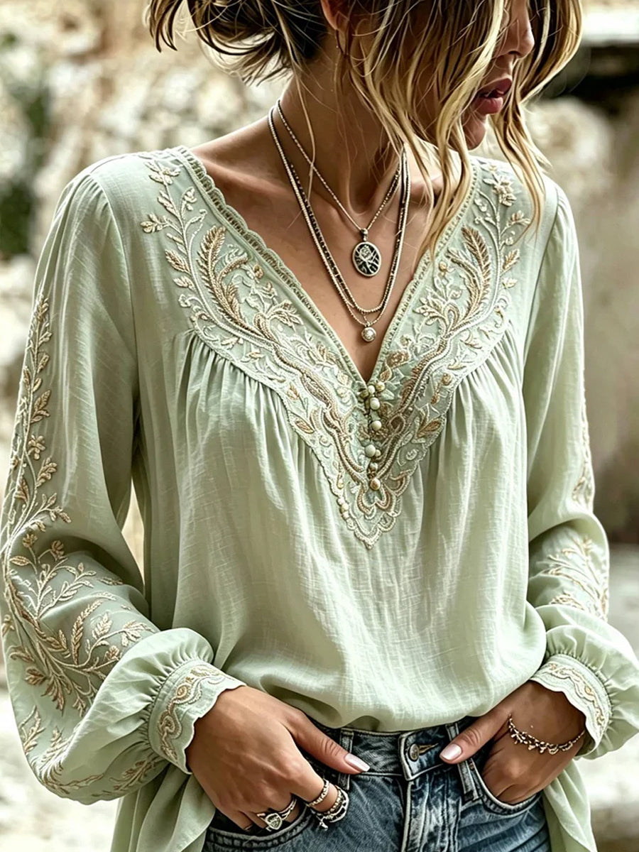 Haut décontracté en coton-lin pour femme, imprimé floral vintage