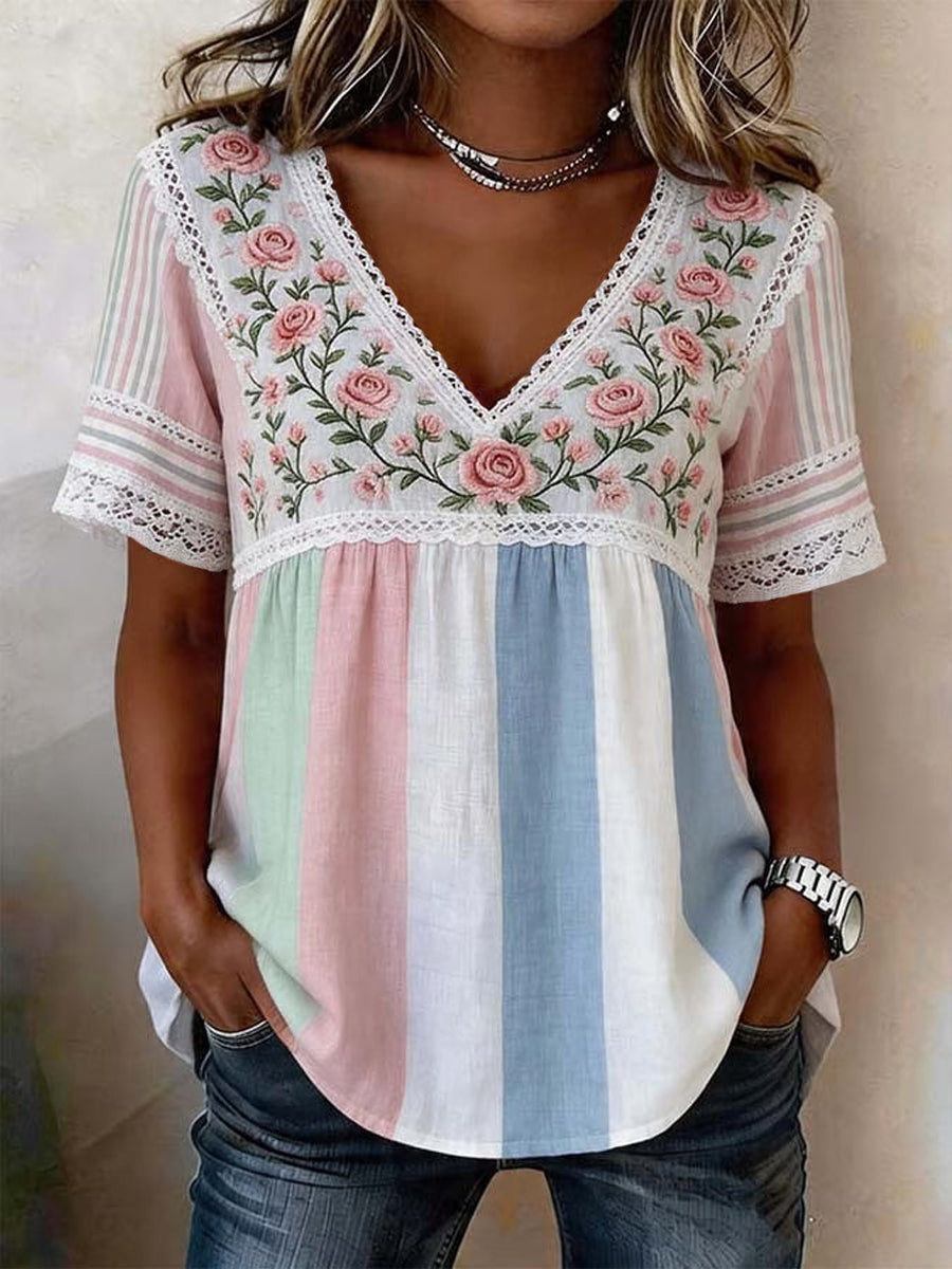 Top décontracté pour femme, style rétro, blocs de couleurs, imprimé floral, col en V