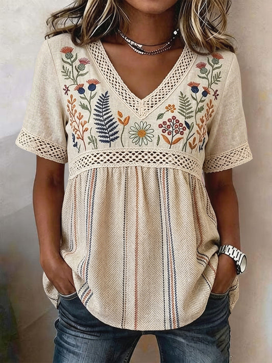Blouse rétro pour femmes en coton-lin, à col en V, à motifs floraux et rayés, en patchwork