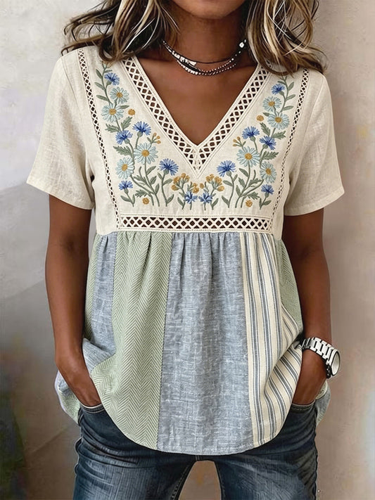 Blouse vintage en coton-lin à col en V et patchwork floral pour femme