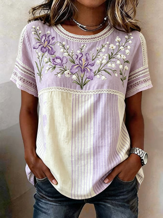T-shirt rétro romantique à fleurs en patchwork, en coton et lin, pour femmes