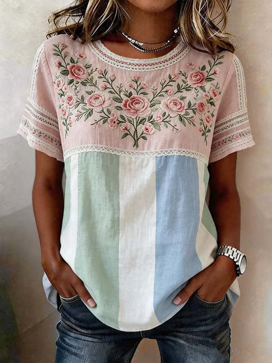 T-shirt décontracté en coton-lin, style rétro, coloré, à motifs floraux et en patchwork, pour femmes