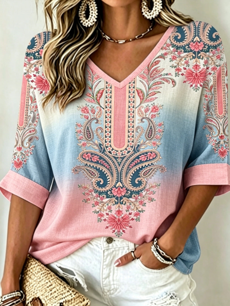 Haut vintage bohème pour femme en coton-lin, brodé de fleurs, à col en V