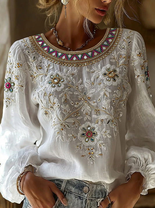 Haut décontracté en coton-lin pour femme, style vintage avec imprimé floral artistique