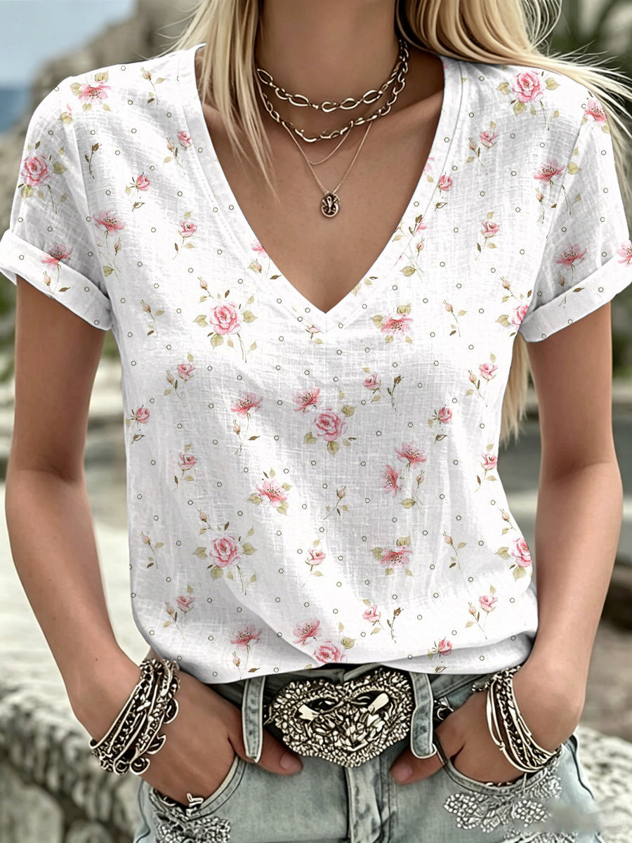T-shirt décontracté pour femmes, col en V, imprimé fleurs roses