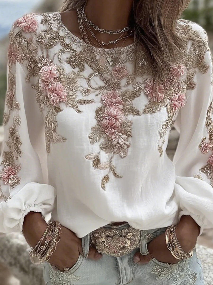 Haut décontracté en coton-lin pour femme, style vintage avec imprimé floral artistique
