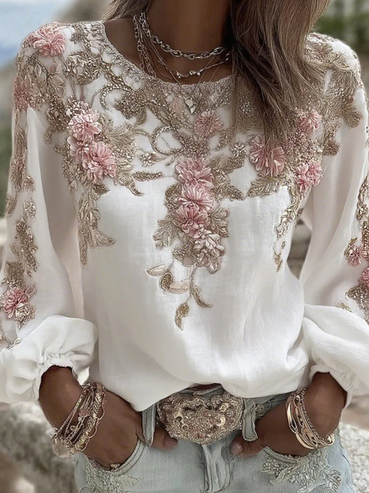 Haut décontracté en coton-lin pour femme, style vintage avec imprimé floral artistique