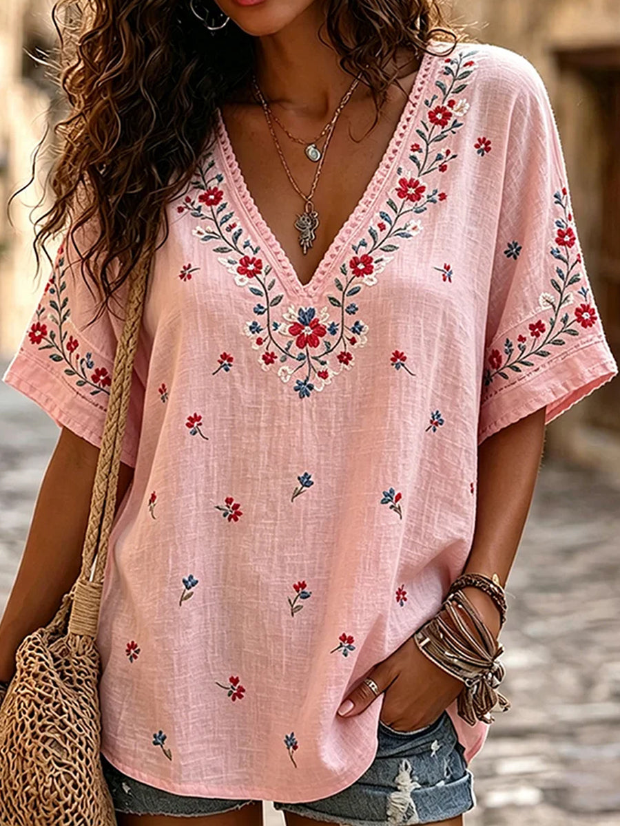 Haut décontracté en coton-lin pour femme, style vintage avec imprimé floral artistique