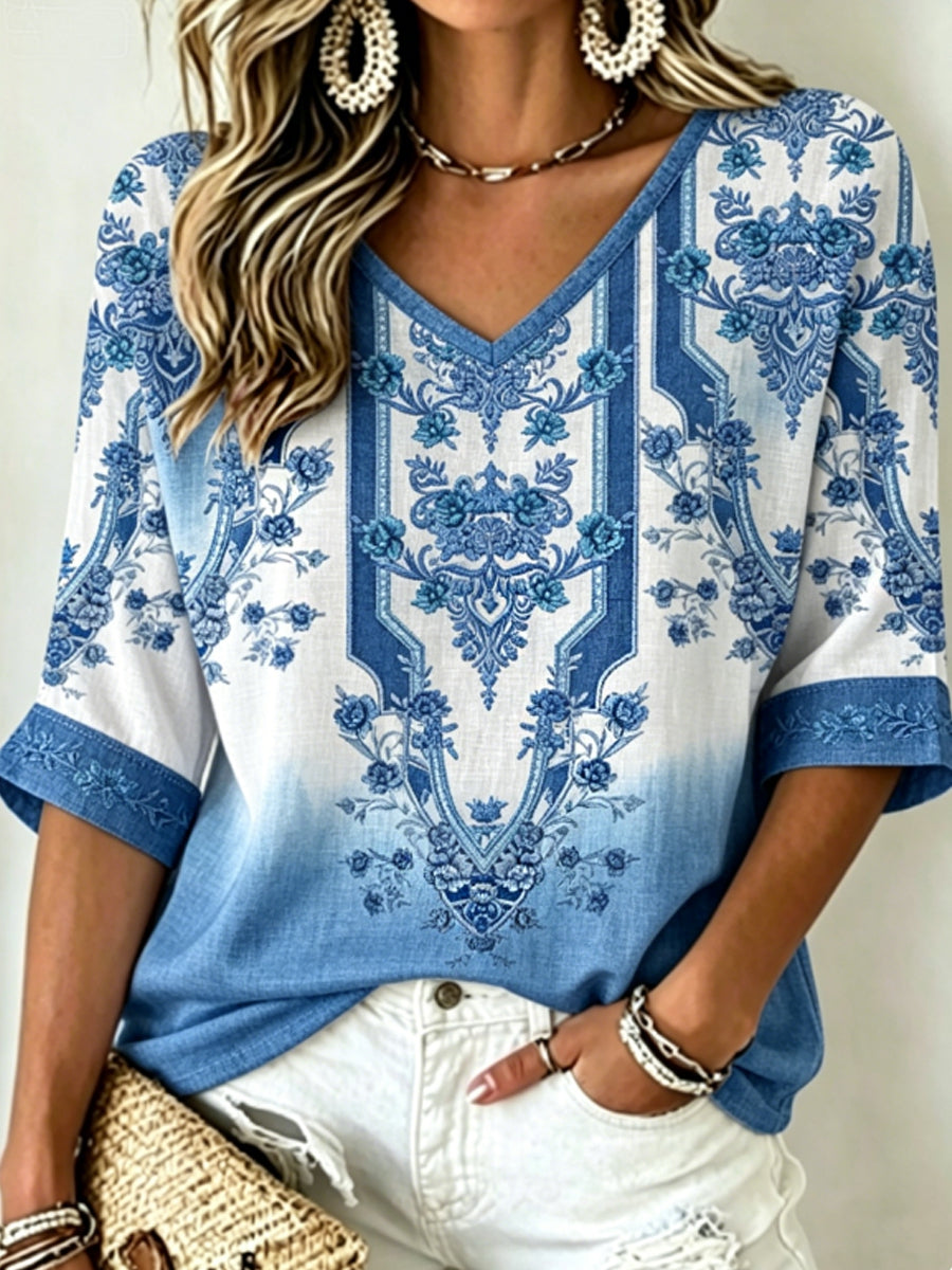 Haut vintage bohème pour femme en coton-lin, brodé de fleurs, à col en V