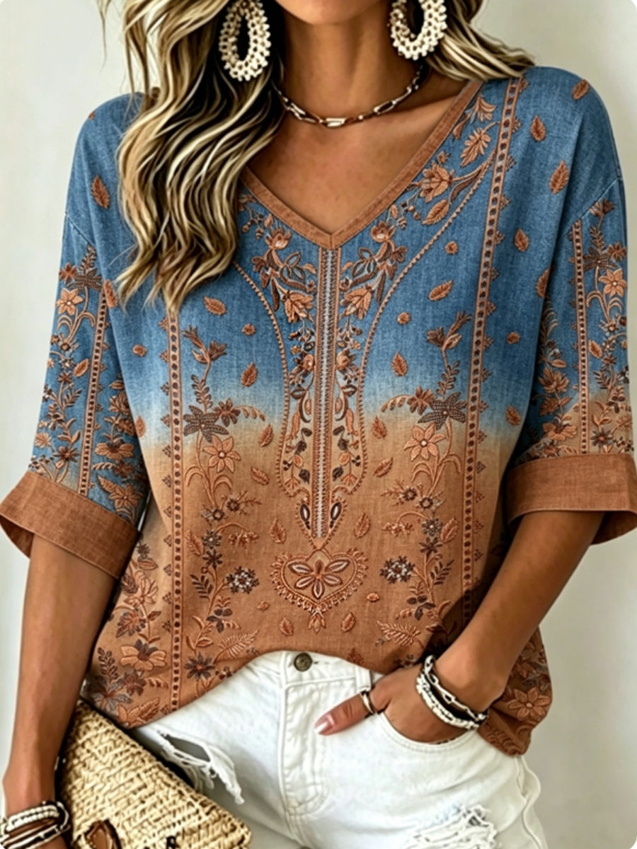 Haut vintage bohème pour femme en coton-lin, brodé de fleurs, à col en V